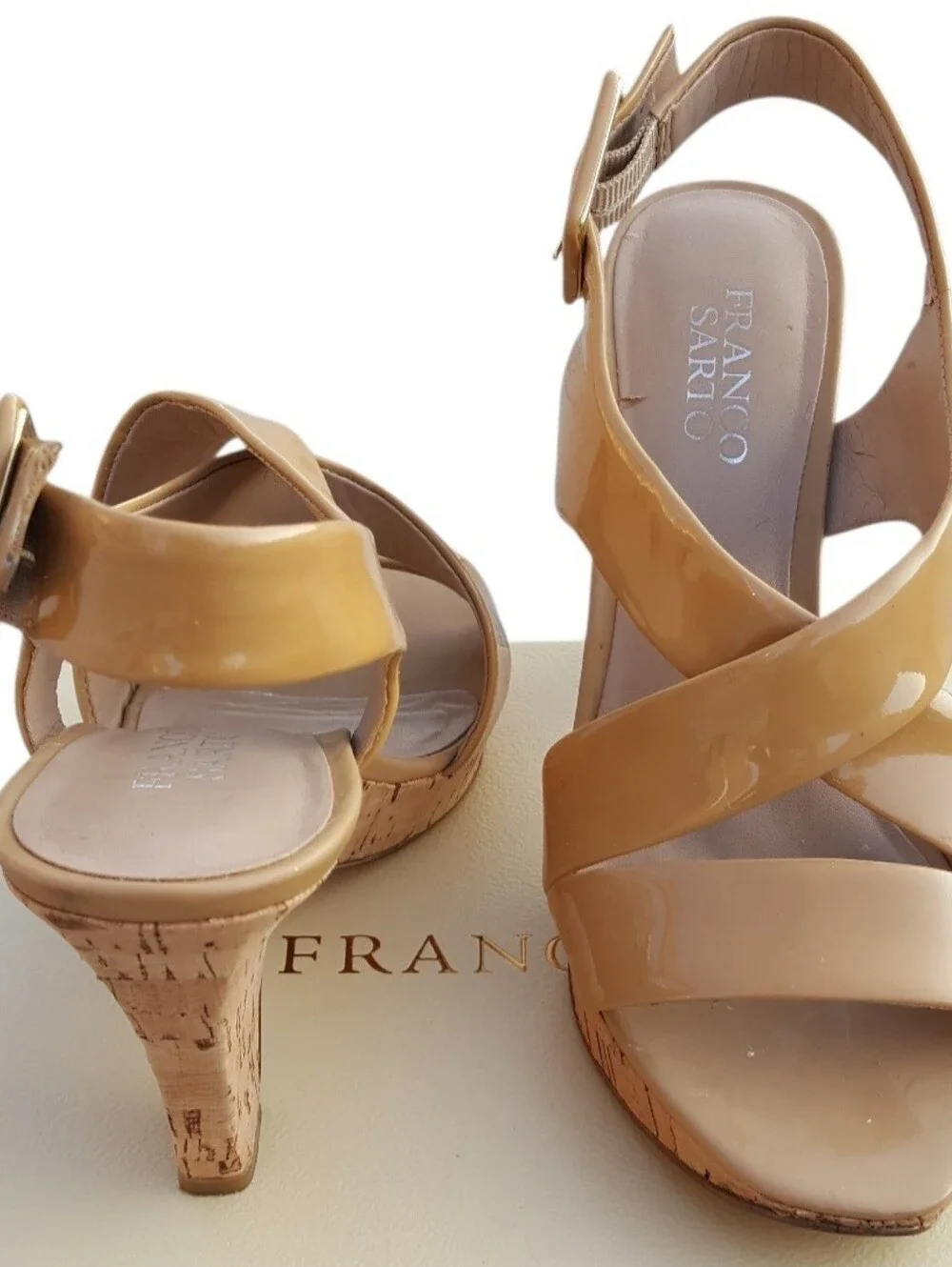 Franco Sarto Patent Leather and Cork Platform Sandals 6.5 M Tan